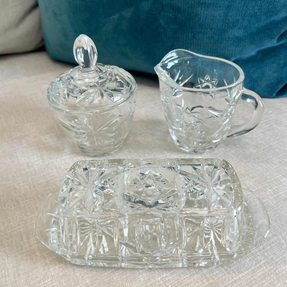 Anchor Hocking‎ Star of David Starburst Pressed Glass Creamer Sugar Butter Dish